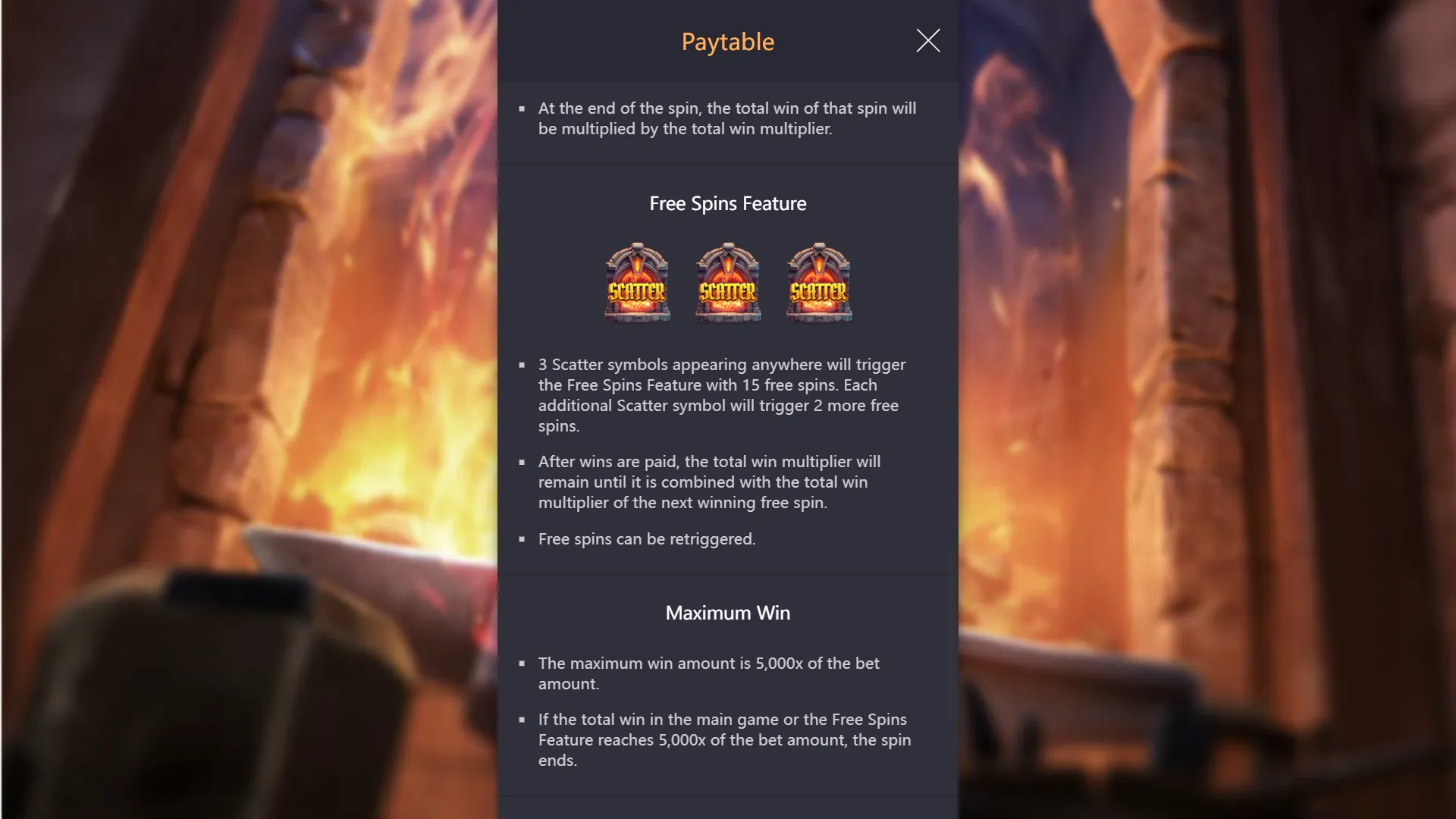 Forge of Wealth PAYTABLE - Free Spins Feature section showing three scatter symbols triggering 15 free spins with multiplier carry rule