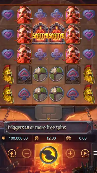 Forge of Wealth session start - scatter symbols on grid, balance 100,000.00 at bet 12.00