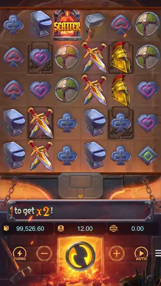 Forge of Wealth gameplay at bet 12.00 - scatter symbol visible, x2 multiplier hint, balance 99,526.60