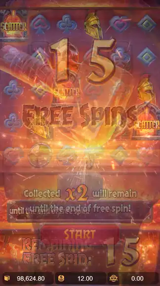 Forge of Wealth FREE SPINS trigger - 15 free spins awarded at spin 318, multiplier carry rule displayed, balance $98,624.80 at bet $12.00